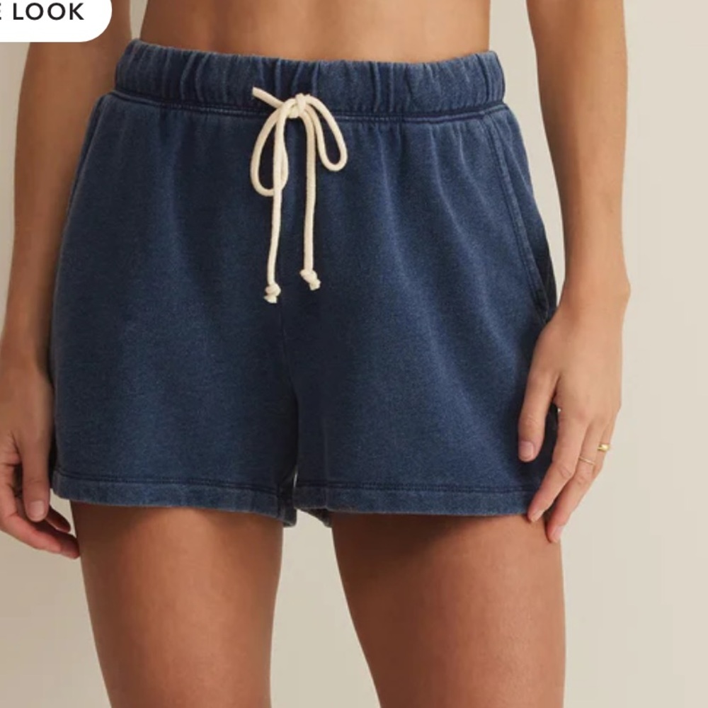 Z Supply Indigo Knit Denim Shorts with Cream Drawstring